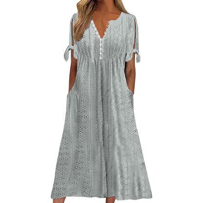 Women's Eyelet V-Neck Maxi Dress Short Sleeve Flowy A-Line Summer Beach Dress
