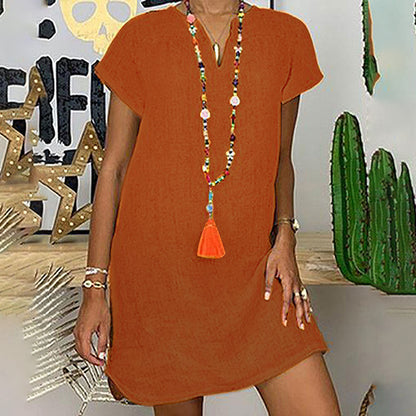 Womens Summer Casual Solid Color V Neck Short Sleeve Dresses Boho Beach Sundresses