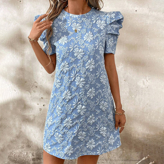 Women's Puff Sleeve A-Line Mini Dress Crew Neck Floral Casual Summer Dress