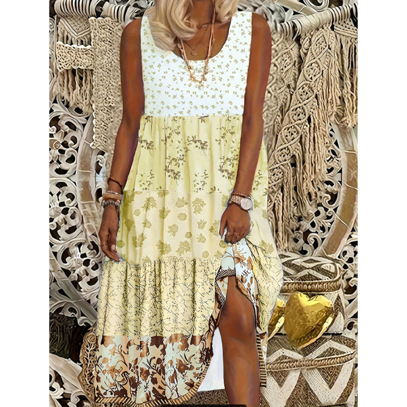 Women's Plus Size Boho Floral Dresses Sleeveless Tiered Pleated Swing Long Sundress