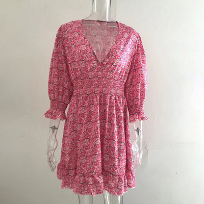 Womens Boho Floral Deep V Neck Smocked Elastic Waist Casual A-Line Swing Mini Dress Sundress