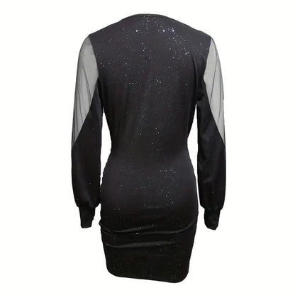 Women's Sexy Deep V-Neck Ruched Bodycon Mesh Long Sleeve Sparkling Party Cocktail Dresses
