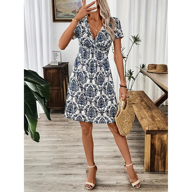 Women's Vibrant Leopard Print Twist Front V Neck Casual Summer Short Sleeve Bodycon Mini Dresses