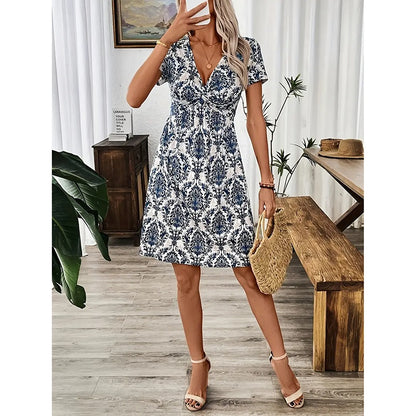 Women's Vibrant Leopard Print Twist Front V Neck Casual Summer Short Sleeve Bodycon Mini Dresses