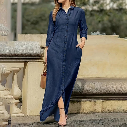 Womens Casual Button Down Denim Maxi Dress Long Sleeve Long Jean Dresses With Pockets