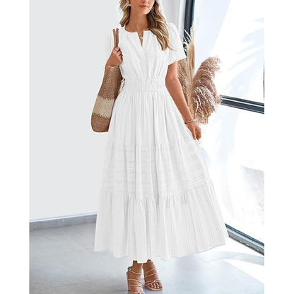 Women's Summer Short Sleeve V Neck Swing Dress Flowy Pleated Tiered Maxi Beach Sundress With Pockets