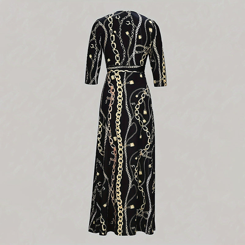 Women's Summer Geometric Print Maxi Dresses Casual 3 4 Sleeve V-Neck Tie Waist Long Dress