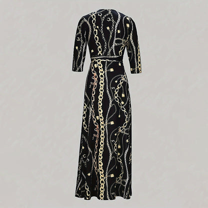 Women's Summer Geometric Print Maxi Dresses Casual 3 4 Sleeve V-Neck Tie Waist Long Dress