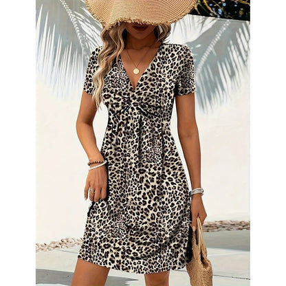Women's Vibrant Leopard Print Twist Front V Neck Casual Summer Short Sleeve Bodycon Mini Dresses