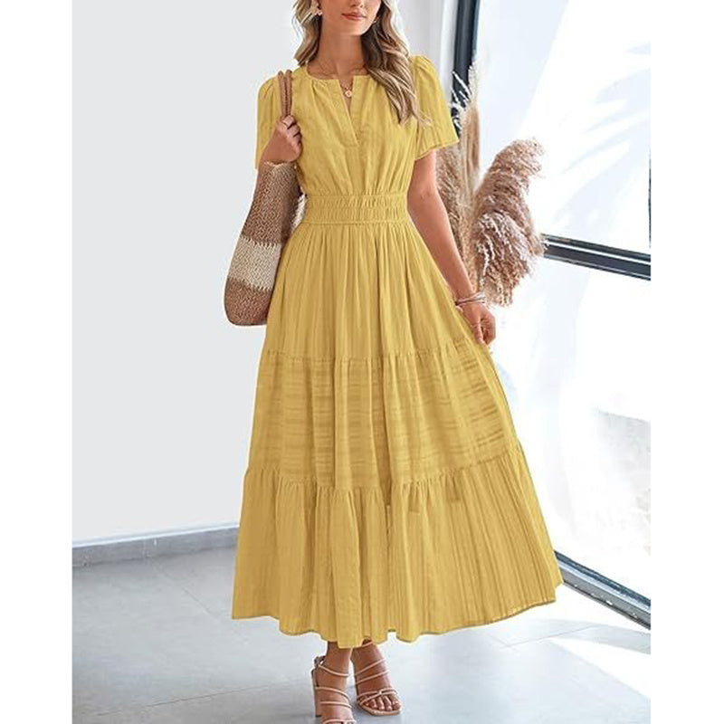 Women's Summer Short Sleeve V Neck Swing Dress Flowy Pleated Tiered Maxi Beach Sundress With Pockets