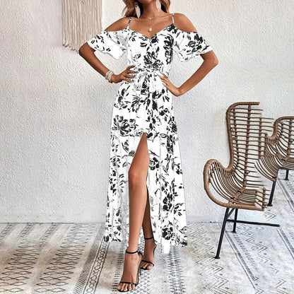 Women's Floral Maxi Dress Cold Shoulder Split Belted A Line Long Summer Dress