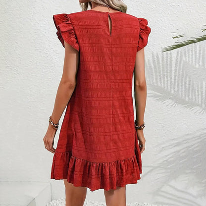 Womens Plus Size Round Neck Solid Dress Falbala Sleeveless Ruffled Summer Dress With Pleated Detail