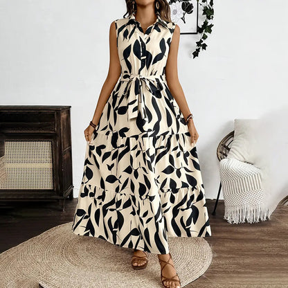 Women Sleeveless Boho Floral Maxi Dress Summer Button Shirt V Neck Flowy Belted Beach Vacation Dresses
