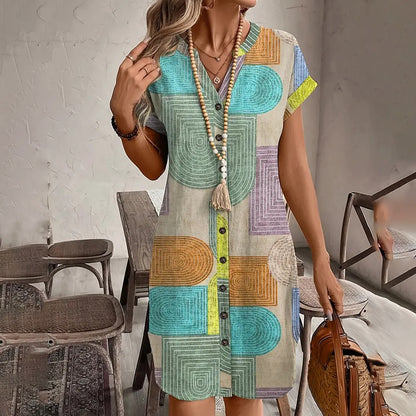 Women's Summer Geometric Print V-Neck Button Down Sundress Short Sleeve Casual Dress