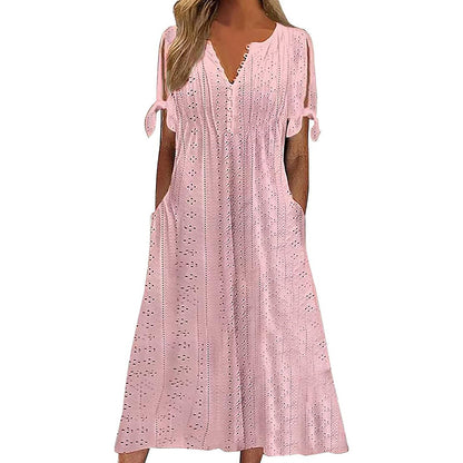 Women's Eyelet V-Neck Maxi Dress Short Sleeve Flowy A-Line Summer Beach Dress