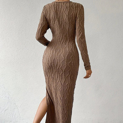 Women's Crew Neck Long Sleeve Ribbed Dress Side Slit Knit Bodycon Midi Dress