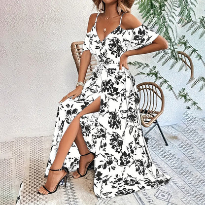 Women's Floral Maxi Dress Cold Shoulder Split Belted A Line Long Summer Dress