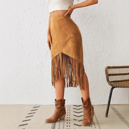 Women's Western Style Imitation Suede Fringe High Waisted A-line Skirt