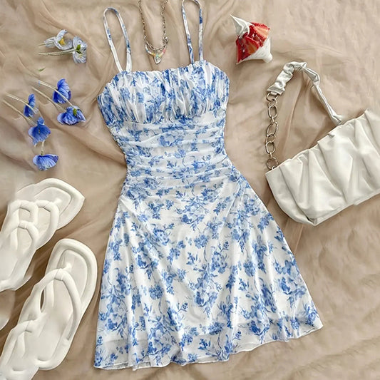 Women's Boho Floral Print Mini Dress Spaghetti Strap Ruched Ruffle Hem Vacation Sundresses