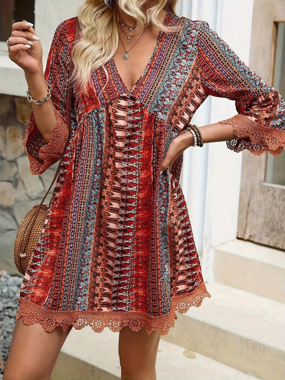 Women's Boho Print Mini Dress V-Neck 3 4 Sleeve Flowy Casual Summer Beach Sundress