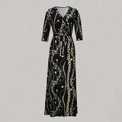 Women's Summer Geometric Print Maxi Dresses Casual 3 4 Sleeve V-Neck Tie Waist Long Dress