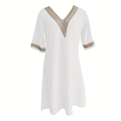 Women's Chic Guipure Lace V-Neck Tunic Dress Knee-Length, Hollow Detail,All-Season Dress