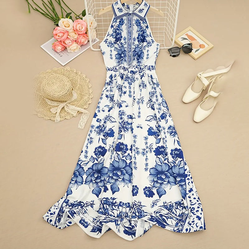 Women's Floral Print Halter Neck Maxi Dress - Tie-Waist A-Line Summer Dress