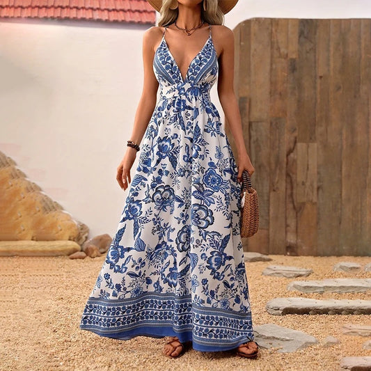 Women's V-Neck Strappy Floral Print Backless Maxi Dress, A-Line Summer Vacation Dress