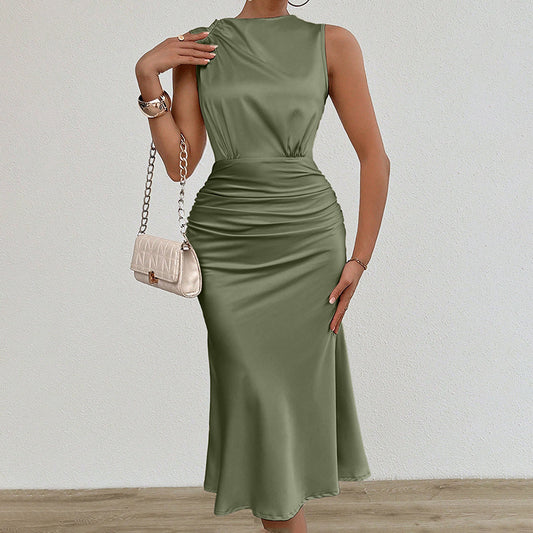 Women's Summer Sleeveless Tank Dress Crew Neck Slim Fit Ruched Bodycon Dress Casual Party Club Dress