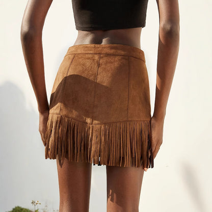 Elegant Vacation Style Women's Suede Fringe Rivet Design Short Skirt