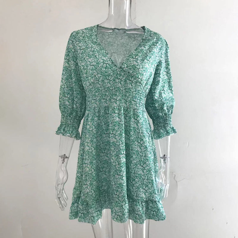 Womens Boho Floral Deep V Neck Smocked Elastic Waist Casual A-Line Swing Mini Dress Sundress