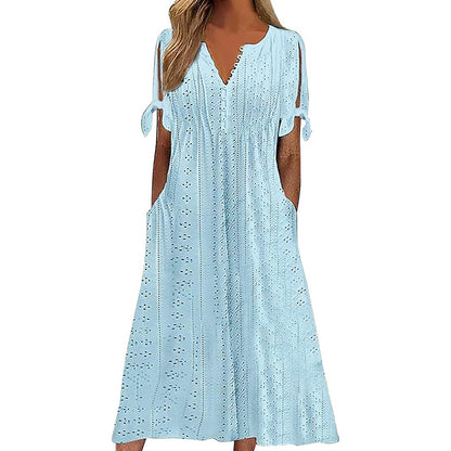 Women's Eyelet V-Neck Maxi Dress Short Sleeve Flowy A-Line Summer Beach Dress