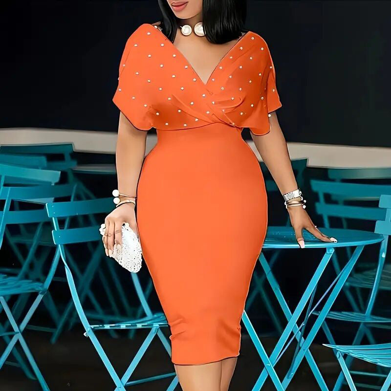 Women's Elegant Deep V Neck Wrap Bodycon Dress Back Zipper Pencil Midi Dress