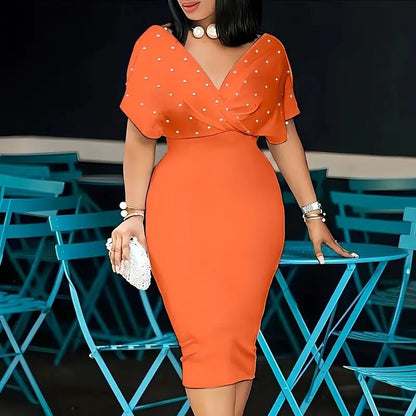 Women's Elegant Deep V Neck Wrap Bodycon Dress Back Zipper Pencil Midi Dress