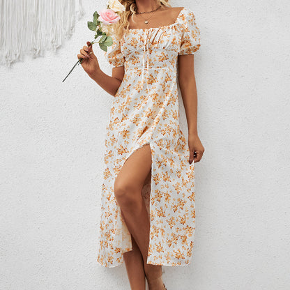 Women's Square Neck Floral Print Dress With Puff Sleeves & Side Slit - Elegant Spring Summer Boho Maxi Dress