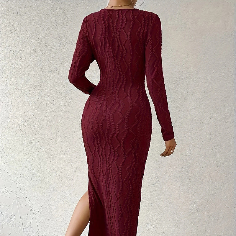 Women's Crew Neck Long Sleeve Ribbed Dress Side Slit Knit Bodycon Midi Dress