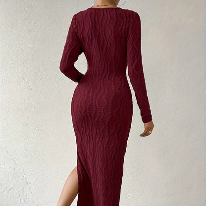 Women's Crew Neck Long Sleeve Ribbed Dress Side Slit Knit Bodycon Midi Dress