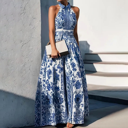Women's Floral Print Halter Neck Maxi Dress - Tie-Waist A-Line Summer Dress