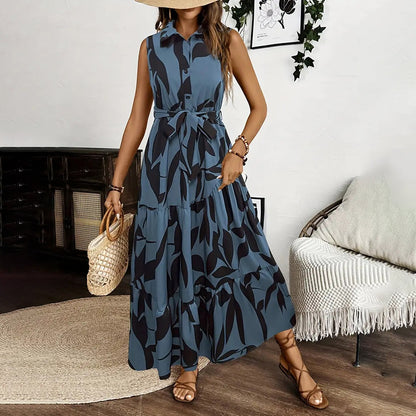Women Sleeveless Boho Floral Maxi Dress Summer Button Shirt V Neck Flowy Belted Beach Vacation Dresses