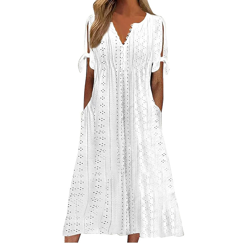 Women's Eyelet V-Neck Maxi Dress Short Sleeve Flowy A-Line Summer Beach Dress