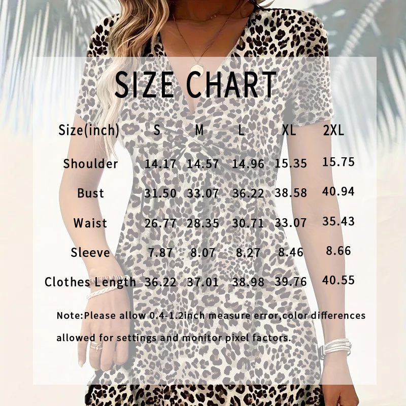 Women's Vibrant Leopard Print Twist Front V Neck Casual Summer Short Sleeve Bodycon Mini Dresses