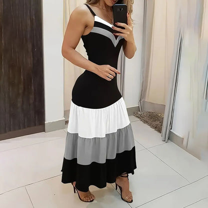 Women's Summer Casual Sleeveless V Neck Color Block Spaghetti Strap Maxi Long Dress