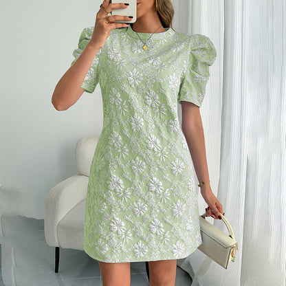 Women's Puff Sleeve A-Line Mini Dress Crew Neck Floral Casual Summer Dress