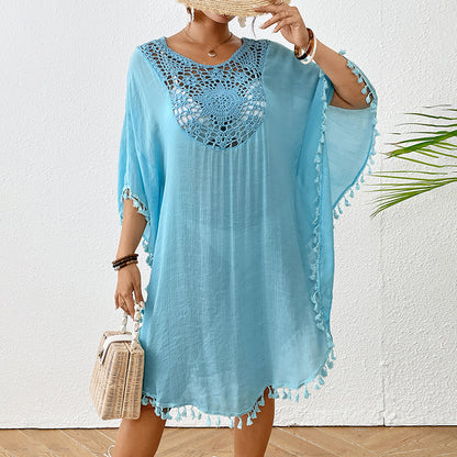 Sexy Tassel Trim Crochet Cover Up Women's Solid Color Beachwear, Summer Round Neck Boho Fashion Dress