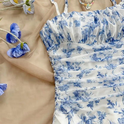 Women's Boho Floral Print Mini Dress Spaghetti Strap Ruched Ruffle Hem Vacation Sundresses