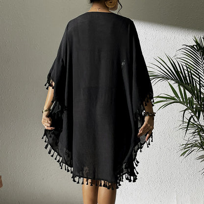 Sexy Tassel Trim Crochet Cover Up Women's Solid Color Beachwear, Summer Round Neck Boho Fashion Dress