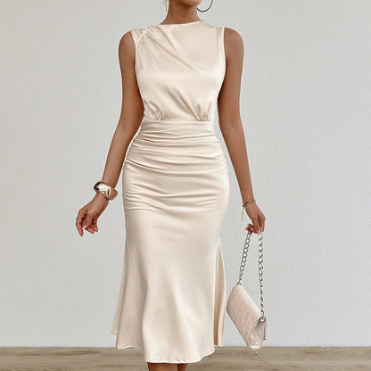 Women's Summer Sleeveless Tank Dress Crew Neck Slim Fit Ruched Bodycon Dress Casual Party Club Dress